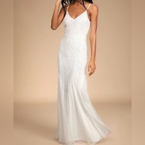 Lulus Wedding XL Just the Beginning White Beaded Sequin Mermaid Maxi Dress